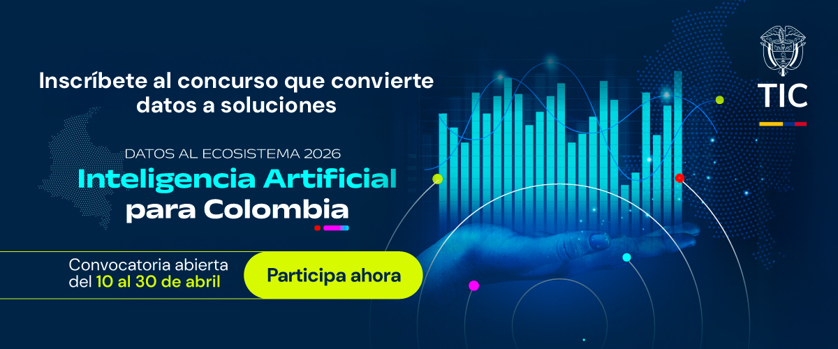 Banner invitando a hacer parte de “Datos al Ecosistema 2026: IA para Colombia” y crear soluciones con más de 8.000 datos abiertos del Estado