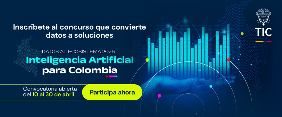 Gráficas digitales emergen de una mano. Convocatoria gratis “Datos al Ecosistema 2026: IA para Colombia”, con fechas y botón participar.