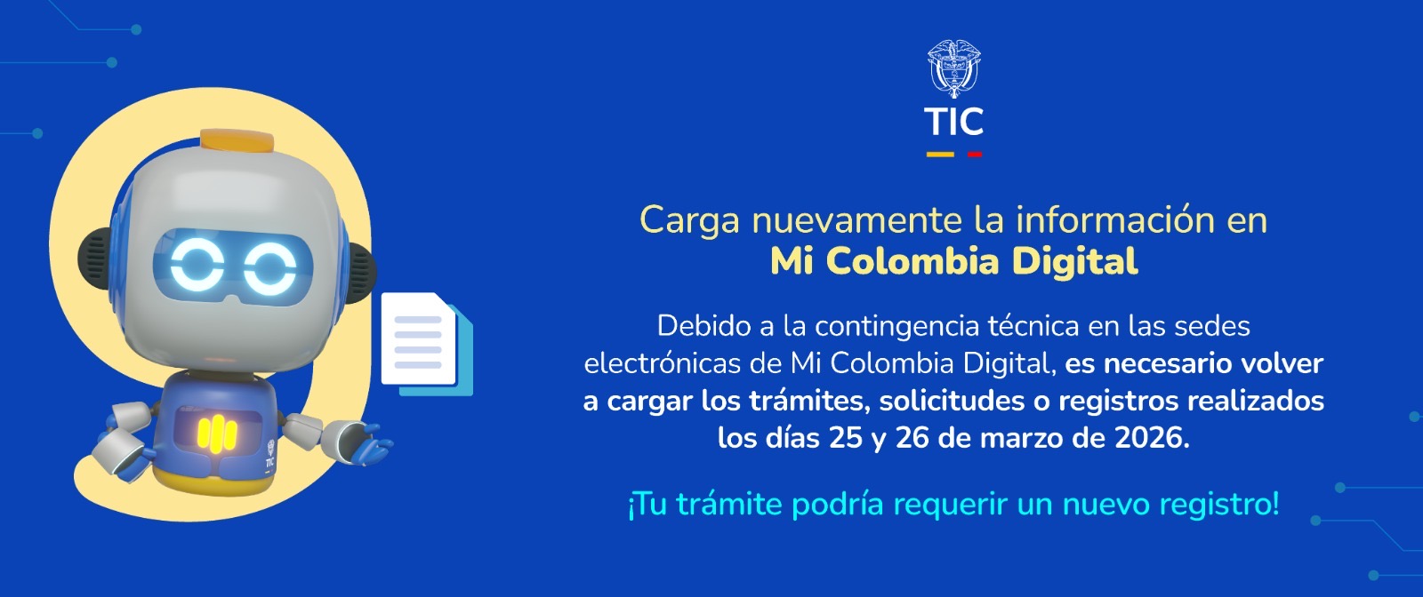 Robot animado junto a aviso del Ministerio TIC. Indican actualizar datos en Mi Colombia Digital por ajustes en sedes electrónicas
