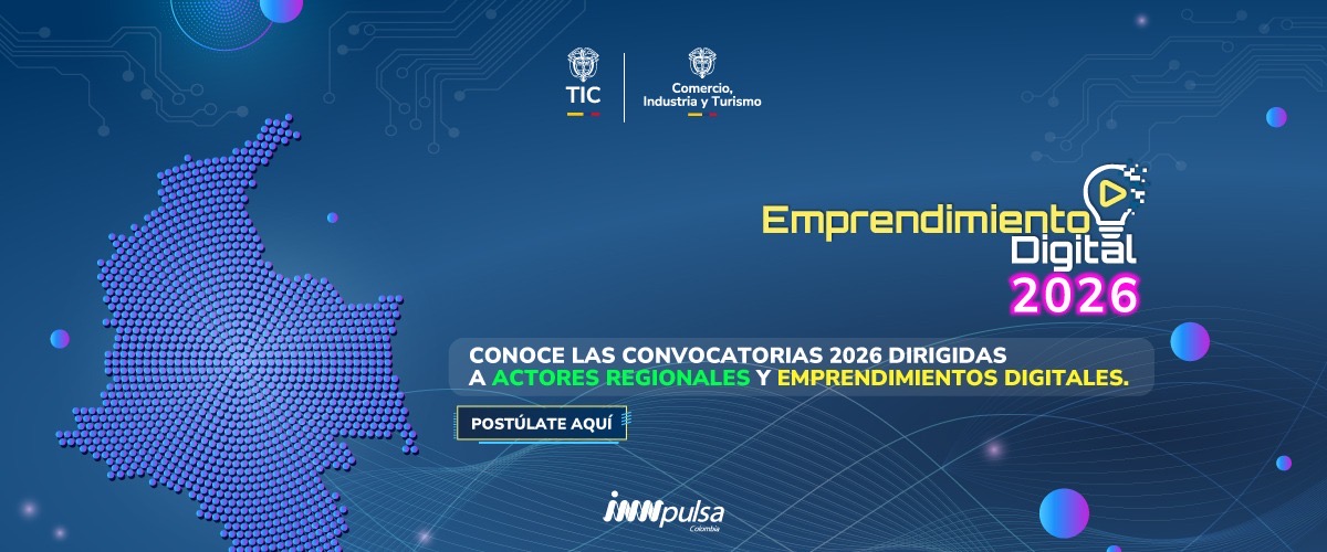 Banner azul con mapa de Colombia digitalizado y texto “Emprendimiento Digital 2026”. Invita a convocatorias del Gobierno para actores y startups