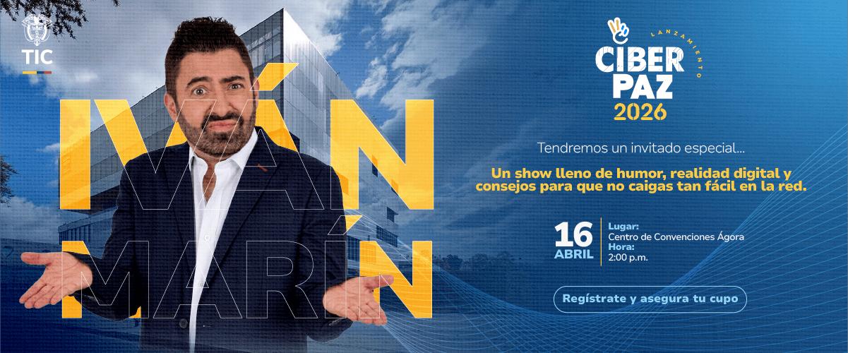 Hombre en traje gesticula frente a edificio moderno; invita a CiberPaz 2026, evento del Ministerio TIC sobre seguridad y convivencia digital.