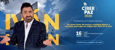 Hombre en traje gesticula frente a edificio moderno; invita a CiberPaz 2026, evento del Ministerio TIC sobre seguridad y convivencia digital.