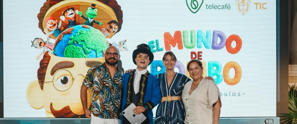 Cuatro personas posan ante pantalla con “El mundo de Robo”; logos de Telecafé y TIC anuncian lanzamientos regionales en FICCI.