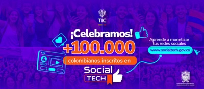 Afiche morado celebra +100.000 inscritos en Social Tech; jóvenes con celulares, íconos digitales y logos TIC destacan monetización