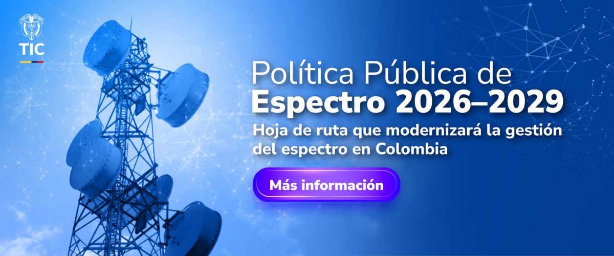 Torre de telecomunicaciones con antenas sobre fondo azul; texto anuncia política pública de espectro 2026–2029 y botón de información