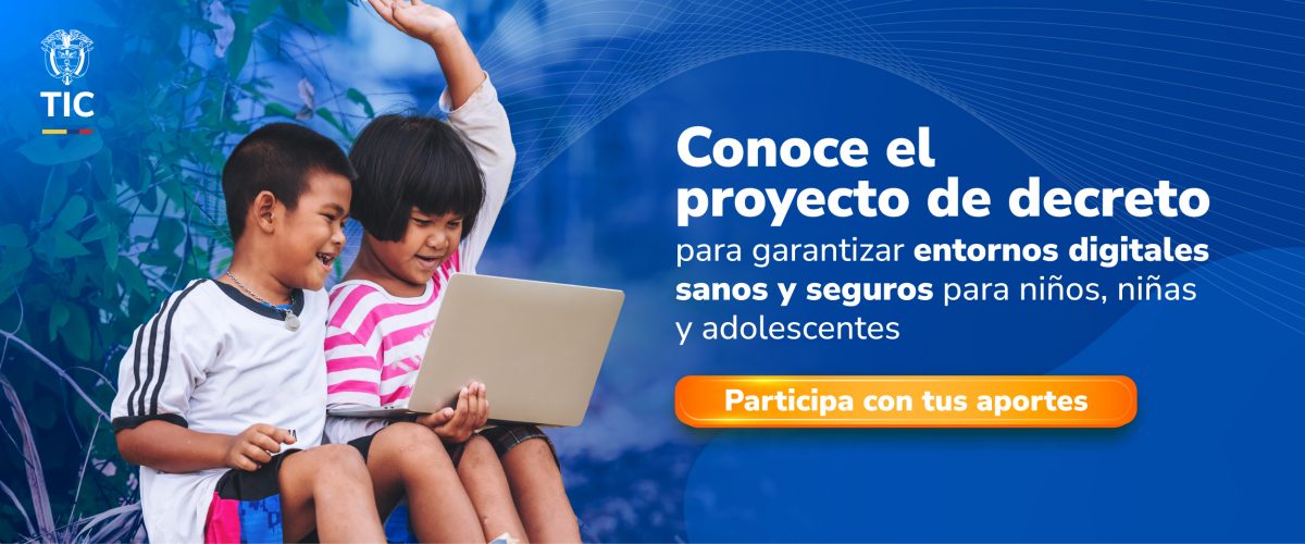 Dos niños sonríen usando un portátil; fondo azul con texto sobre decreto para entornos digitales seguros y botón de participación.