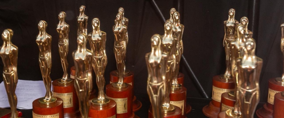 Varios premios dorados tipo estatuilla se exhiben en fila sobre bases de madera, simbolizando logros de la TV pública en los India Catalina.