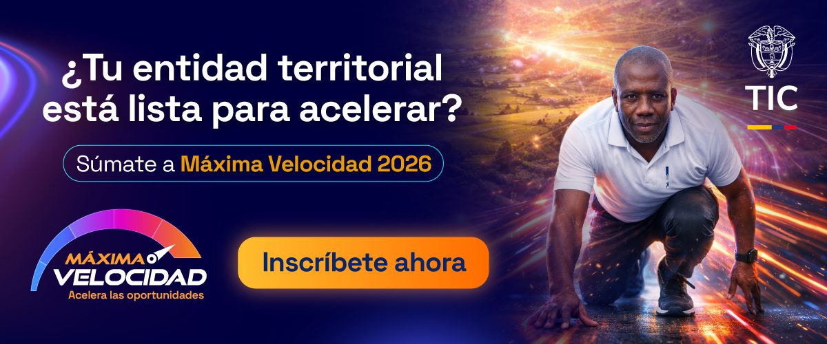 Hombre en posición de salida sobre pista iluminada, invita a entidades a unirse a Máxima Velocidad 2026 con botón “Inscríbete ahora”