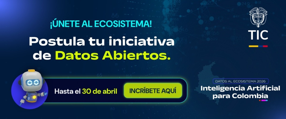 Banner azul invita a postular iniciativas de datos abiertos; robot y botón de inscripción destacan cierre cercano para impacto social.