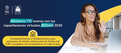 Banner azul de MinTIC y REDAM 2026. Mujer con audífonos saluda en videollamada. Promueven capacitaciones virtuales en todo el país