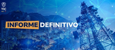 Ciudad nocturna con torre de telecomunicaciones y redes digitales. Texto “Informe definitivo” sobre asignación de espectro por MinTIC.
