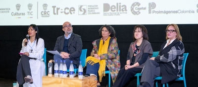 Cinco panelistas en escenario dialogan ante logos institucionales; una mujer habla con micrófono en foro audiovisual público.