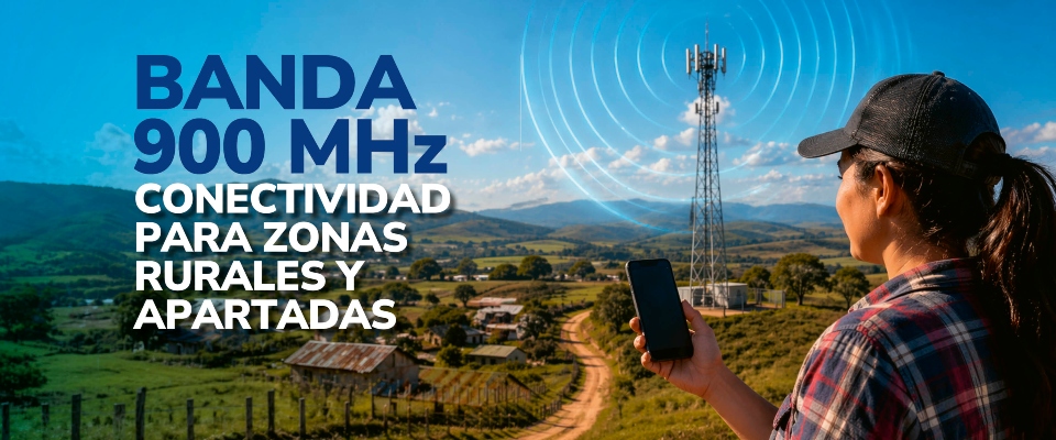 Escena campestre con antena 900 MHz; persona sostiene un teléfono mientras señal conecta veredas alejadas