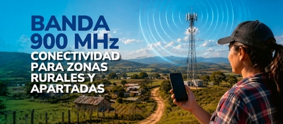 Escena campestre con antena 900 MHz; persona sostiene un teléfono mientras señal conecta veredas alejadas