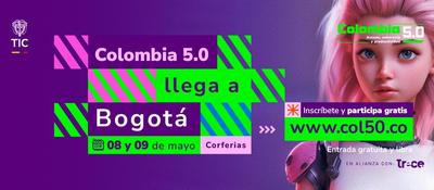 Afiche morado anuncia Colombia 5.0 en Bogotá; fechas 8 y 9 de mayo en Corferias, con personaje digital y web
