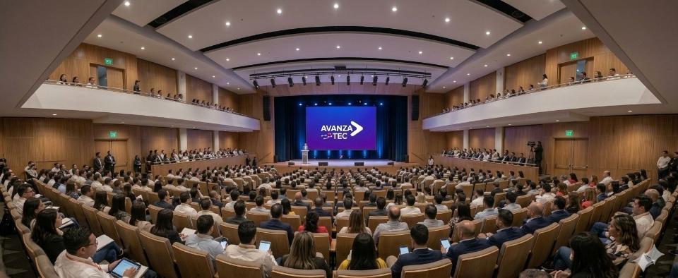 Auditorio lleno frente a escenario con pantalla “AvanzaTEC”; asistentes escuchan ponencia sobre nueva oferta de cursos y aliados.