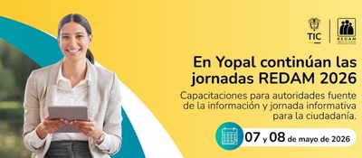 Mujer sonriente sostiene tablet sobre fondo amarillo; texto anuncia jornadas REDAM 2026 en Yopal con capacitaciones e información