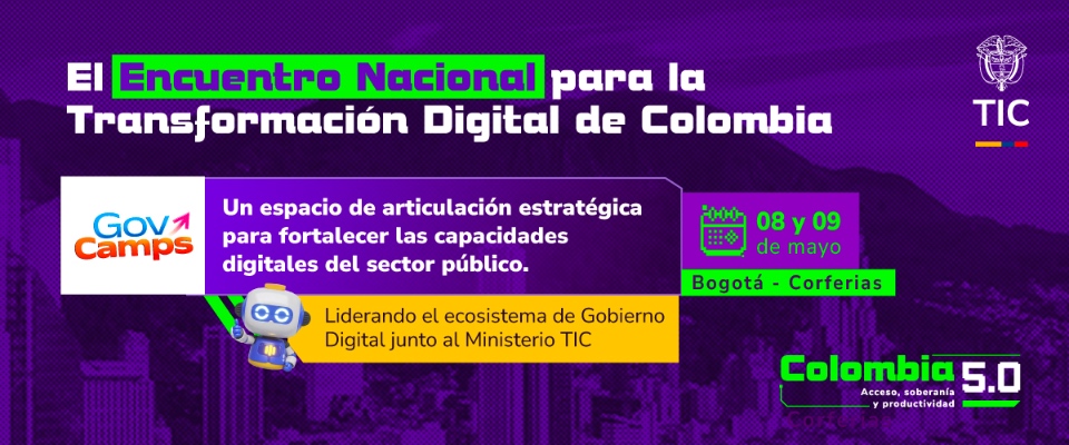 Banner morado de GovCamps y Colombia 5.0 invita al Encuentro Nacional de Transformación Digital en Bogotá
