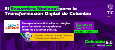 Banner morado de GovCamps y Colombia 5.0 invita al Encuentro Nacional de Transformación Digital en Bogotá