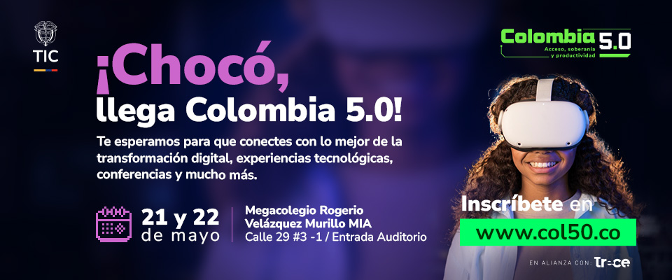 Joven con visor de realidad virtual invita a Colombia 5.0 en Chocó, evento de innovación y transformación digital