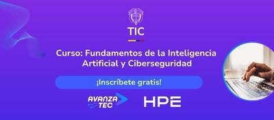 Banner morado de MinTIC y HPE invita a curso gratuito de IA y ciberseguridad; aparece una persona escribiendo en computador