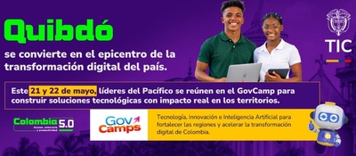 Banner morado anuncia a Quibdó como sede de encuentro tecnológico del Pacífico con jóvenes usando dispositivos digitales.