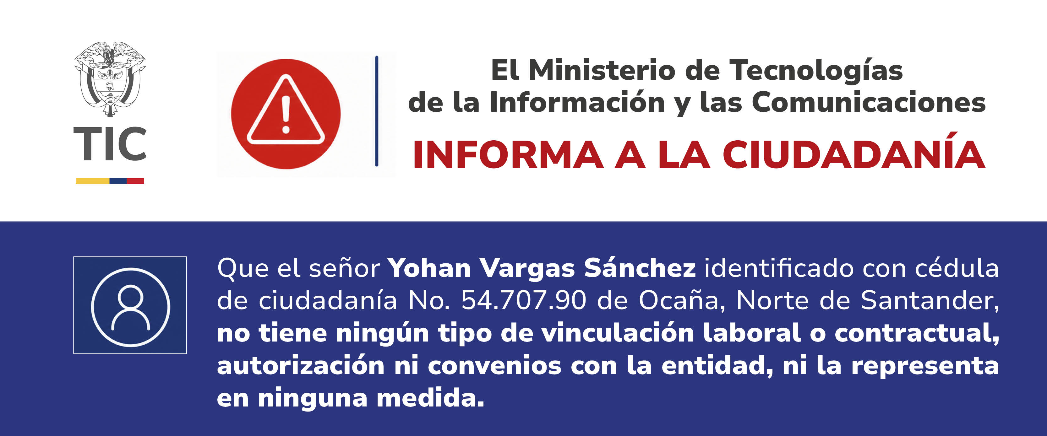 Aviso oficial de MinTIC aclara a la ciudadanía que no autoriza proyectos TIC promovidos por tercero en Santander