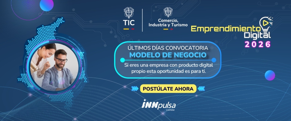 Banner azul de Emprendimiento Digital 2026 invita a empresas con producto digital a postularse y ampliar su crecimiento. Banner azul de Emprendimiento Digital 2026 invita a empresas con producto digital a postularse y ampliar su crecimiento.