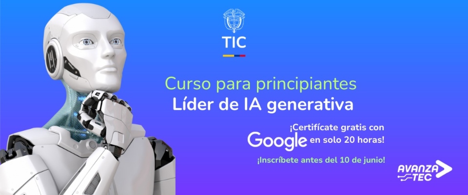 Robot humanoide sobre fondo azul promociona curso gratuito de IA generativa de MinTIC y Google para principiantes.