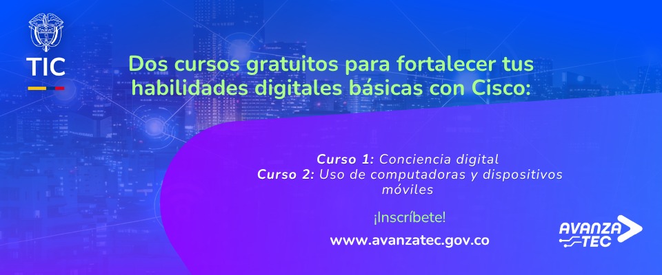 Imagen promocional de MinTIC y Cisco invita a cursos gratuitos de habilidades digitales básicas y uso de computadores