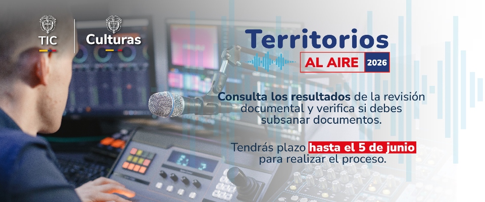 Banner de Territorios al Aire 2026 con estudio de radio y mensaje sobre revisión documental hasta el 5 de junio.