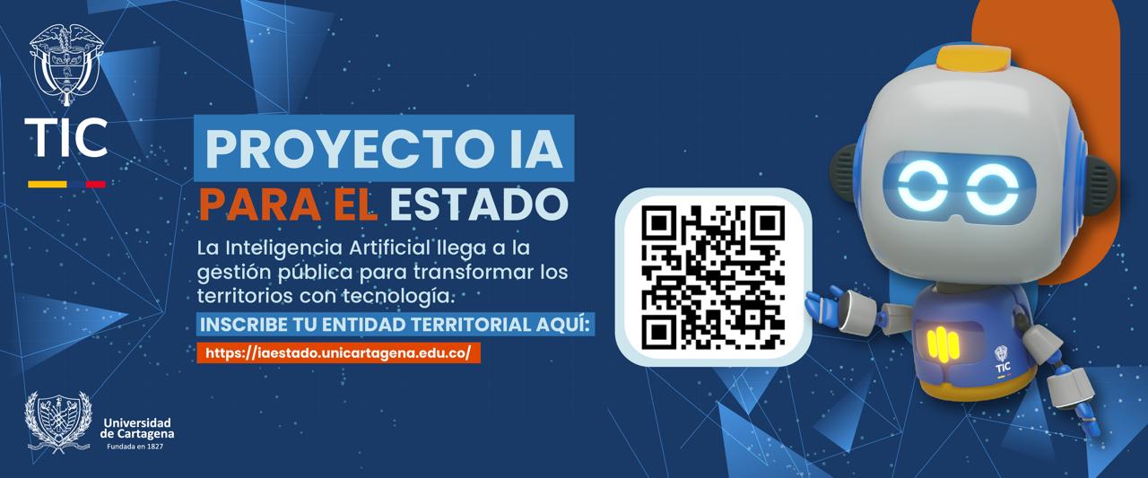 Afiche de “IA para el Estado” con robot, código QR e invitación a inscribirse en formación para gestión pública