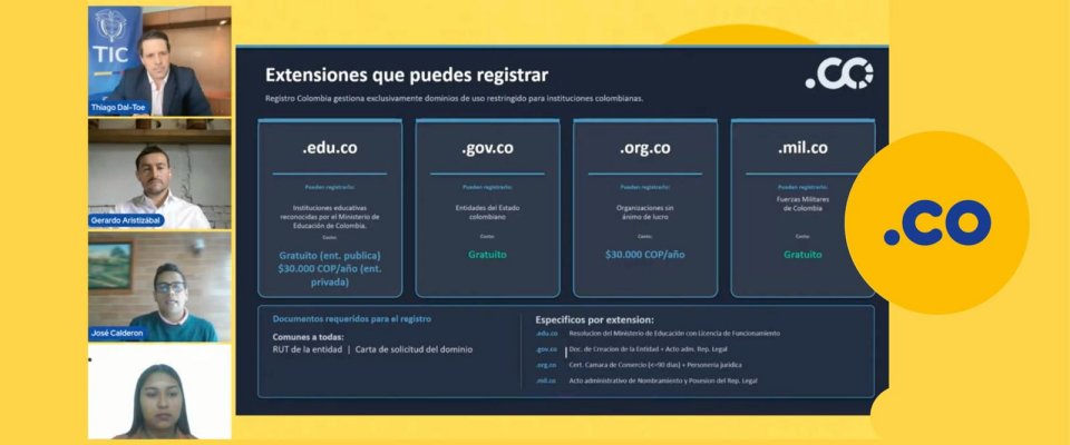 Pantalla de capacitación virtual muestra información sobre dominios .co y su uso para fortalecer la identidad digital