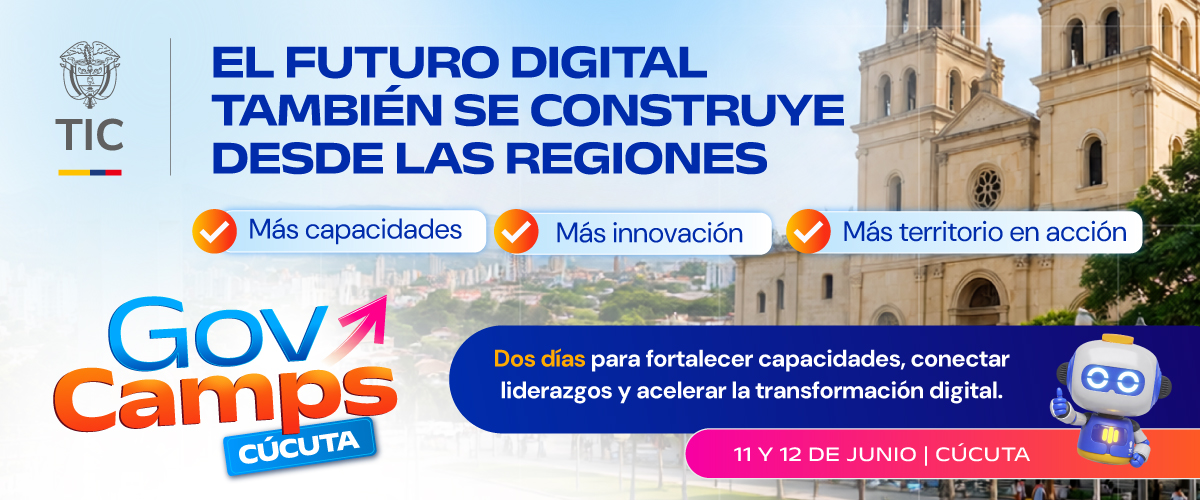 Banner de GovCamps Cúcuta con fondo urbano y catedral. Promueve capacidades, innovación y transformación digital en Los Santanderes. Banner de GovCamps Cúcuta con fondo urbano y catedral. Promueve capacidades, innovación y transformación digital en Los Santanderes.