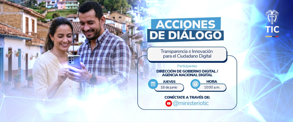 Hombre y mujer observan un celular en entorno urbano. La pieza invita a participar en acciones de diálogo del MinTIC. Hombre y mujer observan un celular en entorno urbano. La pieza invita a participar en acciones de diálogo del MinTIC.