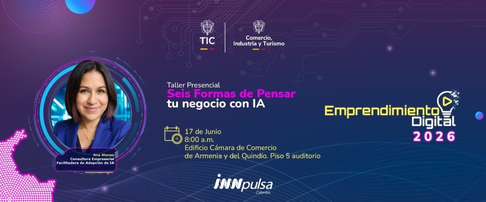 Afiche de un taller sobre inteligencia artificial para negocios, con una conferencista y datos del evento en Armenia.