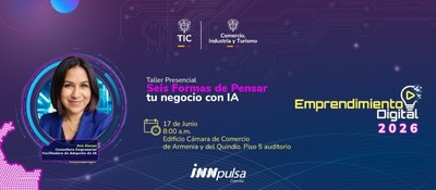 Afiche de un taller sobre inteligencia artificial para negocios, con una conferencista y datos del evento en Armenia.