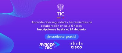 Afiche promocional invita a inscribirse en cursos gratuitos de ciberseguridad y herramientas de colaboración digital