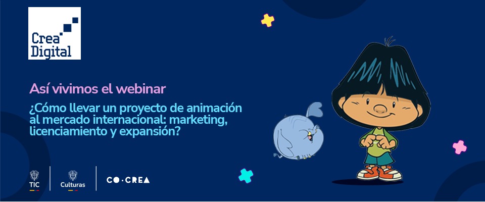 Afiche de Crea Digital promueve un webinar para internacionalizar proyectos de animación con estrategias de mercado.