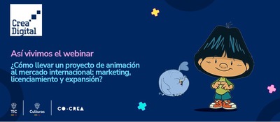Afiche de Crea Digital promueve un webinar para internacionalizar proyectos de animación con estrategias de mercado.