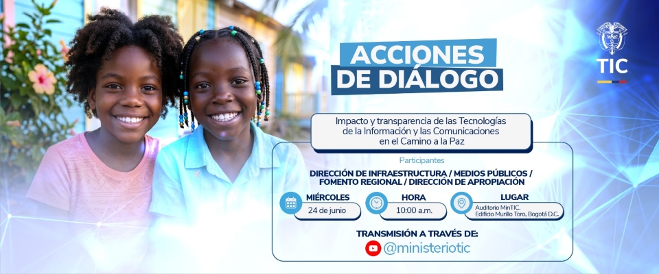 Dos niñas sonríen junto al anuncio de un diálogo sobre tecnologías, transparencia y construcción de paz.