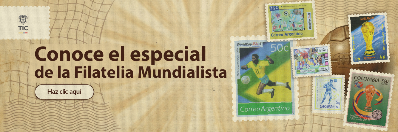 Afiche sobre filatelia mundialista con estampillas de distintos países que celebran mundiales y figuras del fútbol