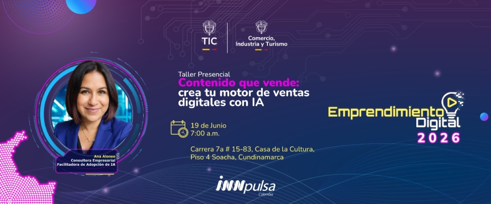 Afiche de taller sobre IA para emprendedores en Soacha. MinTIC e iNNpulsa invitan a fortalecer ventas y negocios digitales