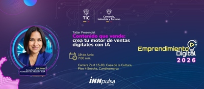 Afiche de taller sobre IA para emprendedores en Soacha. MinTIC e iNNpulsa invitan a fortalecer ventas y negocios digitales