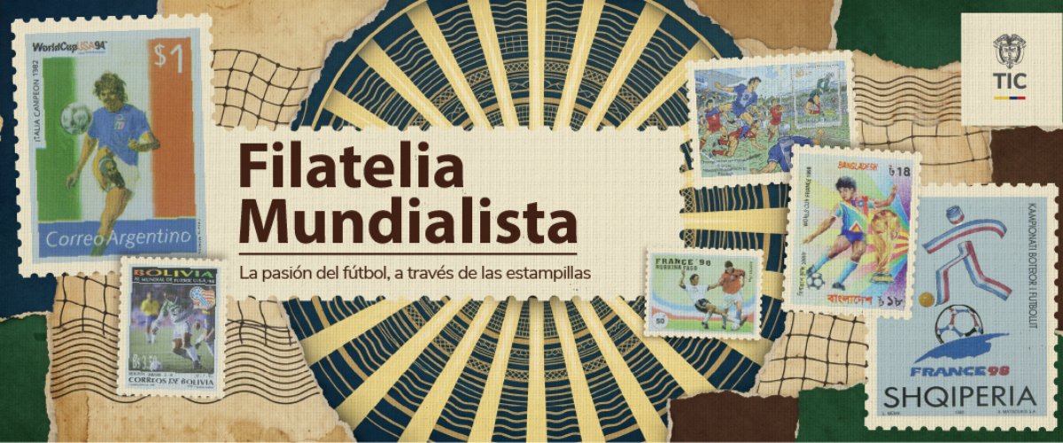 Banner sobre filatelia mundialista con estampillas de distintos países y futbolistas, rodeando el título principal