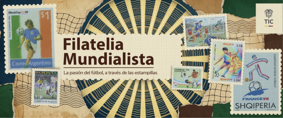 Afiche de “Filatelia Mundialista” con estampillas de varios países que muestran jugadas y figuras históricas del fútbol
