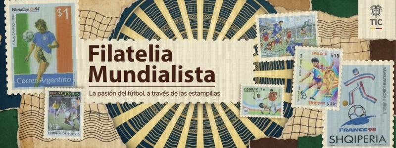 Afiche de “Filatelia Mundialista” con estampillas de varios países que muestran jugadas y figuras históricas del fútbol