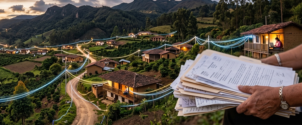 Vista de un poblado rural con líneas que simbolizan conectividad y una persona con documentos sobre proyectos de acceso a internet.