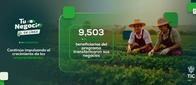 Banner de “Tu Negocio en Línea”. Dos agricultores trabajan un cultivo. Resalta que 9.503 emprendedores transformaron sus negocios