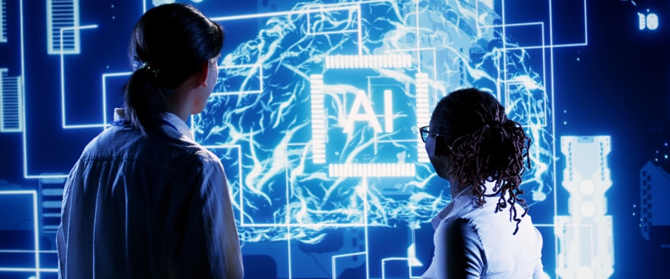 Dos personas observan una pantalla con gráficos de IA, símbolo de la transformación digital en la gestión pública Dos personas observan una pantalla con gráficos de IA, símbolo de la transformación digital en la gestión pública